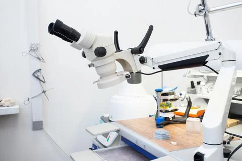 Microscope in a dental laboratory, a technician's workplace in a dental Stock Photos