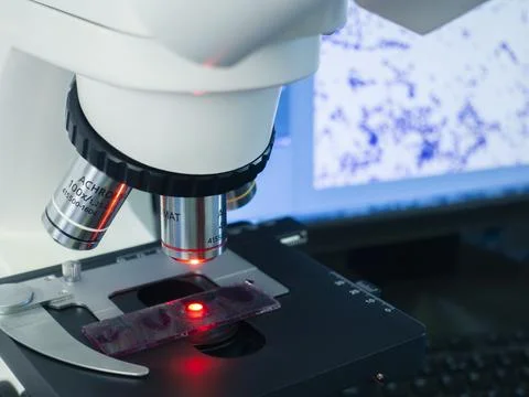 Microscope with different magnifying objectives Stock Photos
