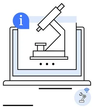 Microscope displayed on laptop screen with information and robotic arm icons. Stock Illustration