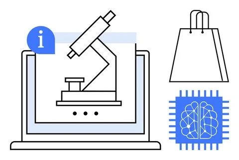 Microscope displayed on a laptop screen, shopping bag, and a brain on a micro Stockillustratie