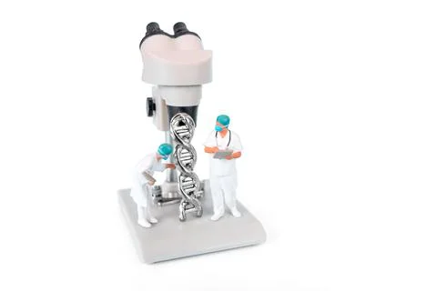 Microscope With DNA Helix And Scientists Analyzing Genetic Material Stock Photos