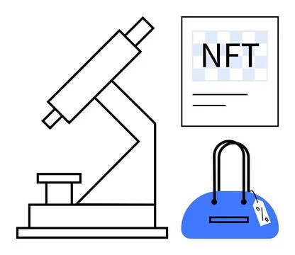 Microscope, document with NFT text, and blue luxury handbag highlighting fusi Stock Illustration