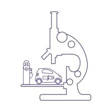 Microscope, electric car, charging station. Illustrazione stock