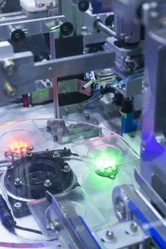 Microscope equipment is used to examine small objects; including electronic.. Fotos de archivo