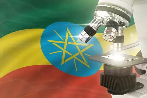 Microscope on Ethiopia flag background - science development concept 스톡 일러스트