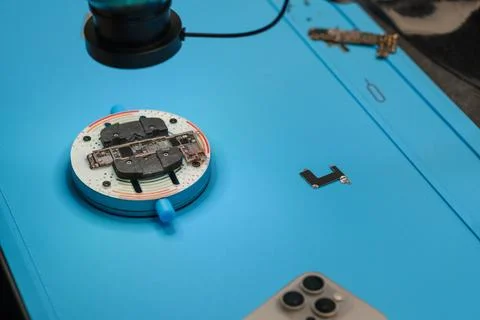 Microscope examining electronic circuit board on blue work surface with Stock Photos