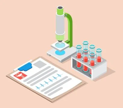 Microscope, flask and test tubes. Science lab. Medical test report. Testing and Illustrazione stock