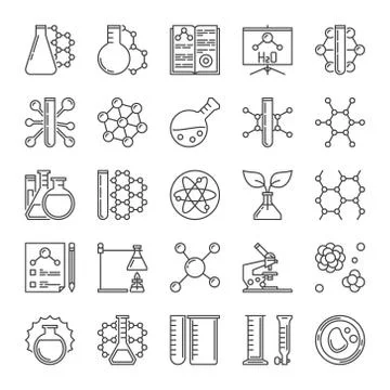 Microscope, Flask, Molecule and Chemistry line vector icons Illustrazione stock