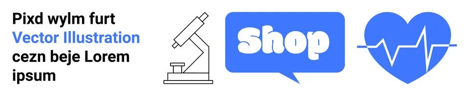 Microscope icon alongside a stylized chat bubble with the word Shop inside, f Stock Illustration