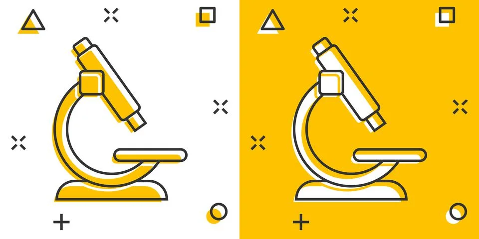 Microscope icon in comic style. Laboratory magnifier cartoon vector illustrat 库存插图