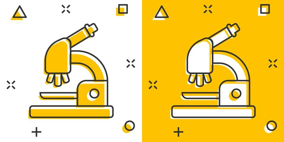 Microscope icon in comic style. Laboratory magnifier cartoon vector illustrat Illustrazione stock