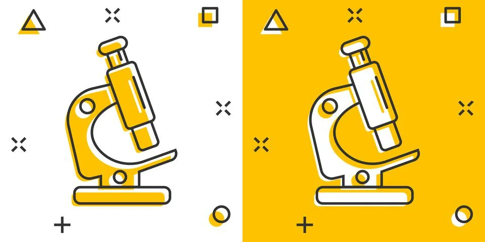 Microscope icon in comic style. Laboratory magnifier cartoon vector illustrat Stock Illustration