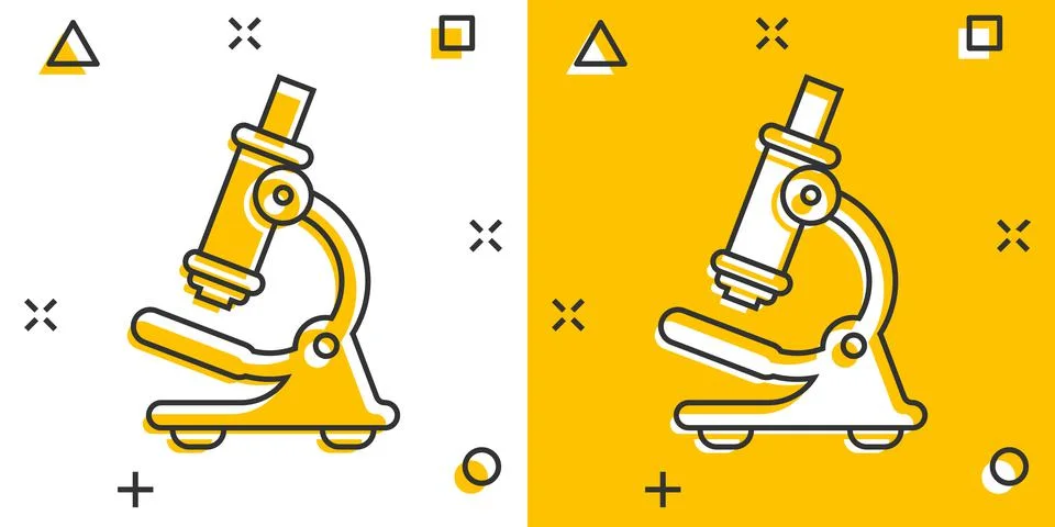 Microscope icon in comic style. Laboratory magnifier cartoon vector illustrat Illustrazione stock