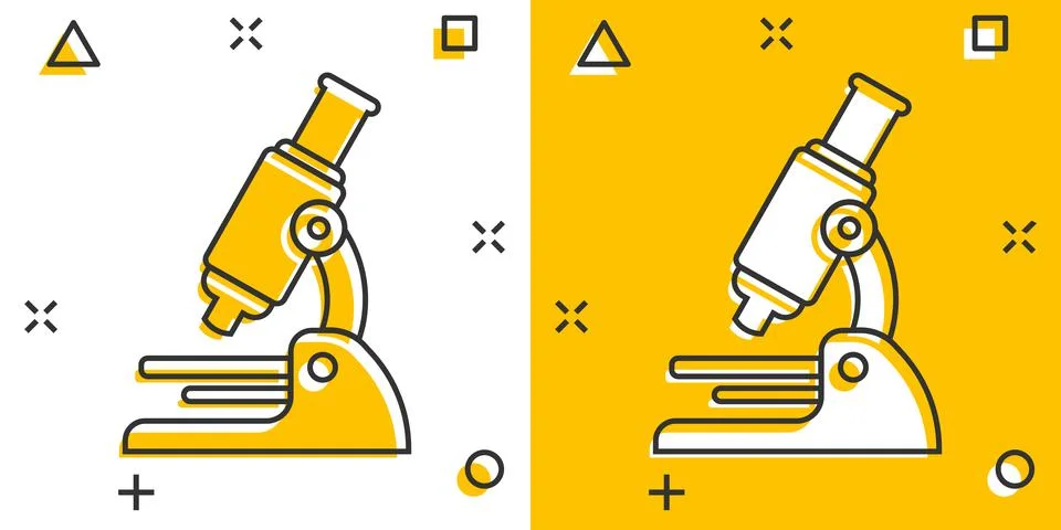 Microscope icon in comic style. Laboratory magnifier cartoon vector illustrat Stock Illustration