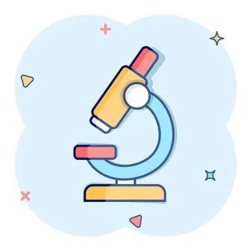 Microscope icon in comic style. Laboratory magnifier cartoon vector illustr.. Illustrazione stock