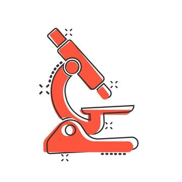 Microscope icon in comic style. Laboratory magnifier cartoon vector illustr.. Illustrazione stock