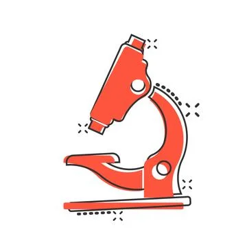Microscope icon in comic style. Laboratory magnifier cartoon vector illustr.. Illustrazione stock