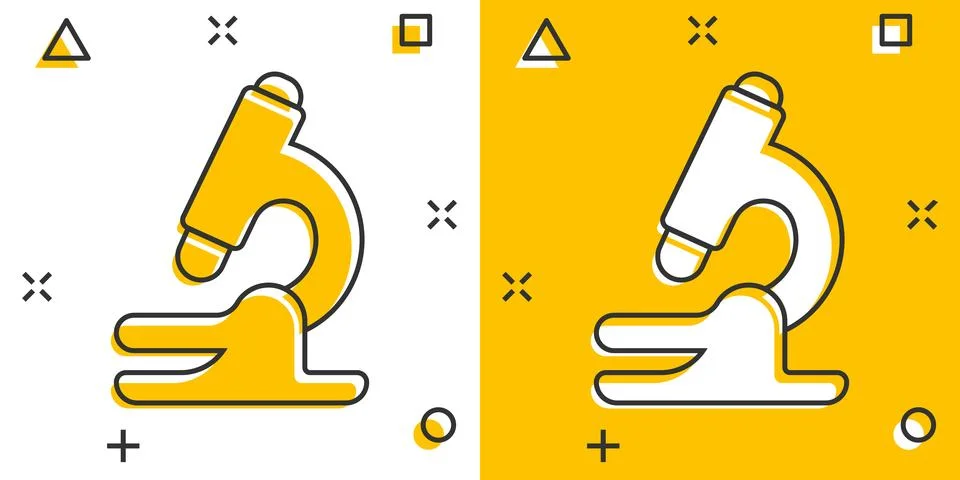 Microscope icon in comic style. Laboratory magnifier cartoon vector illustr.. Illustrazione stock