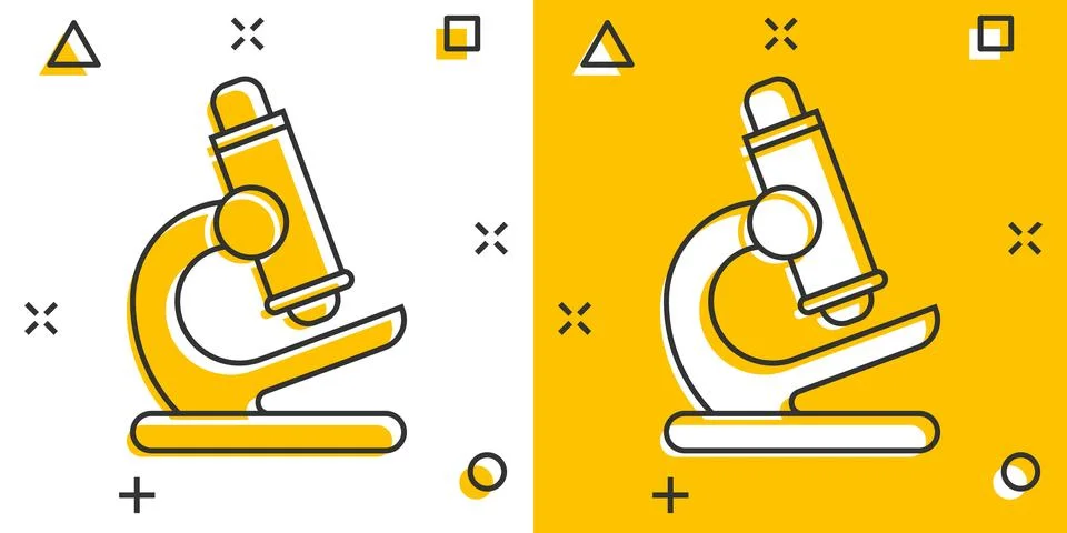 Microscope icon in comic style. Laboratory magnifier cartoon vector illustr.. Illustrazione stock