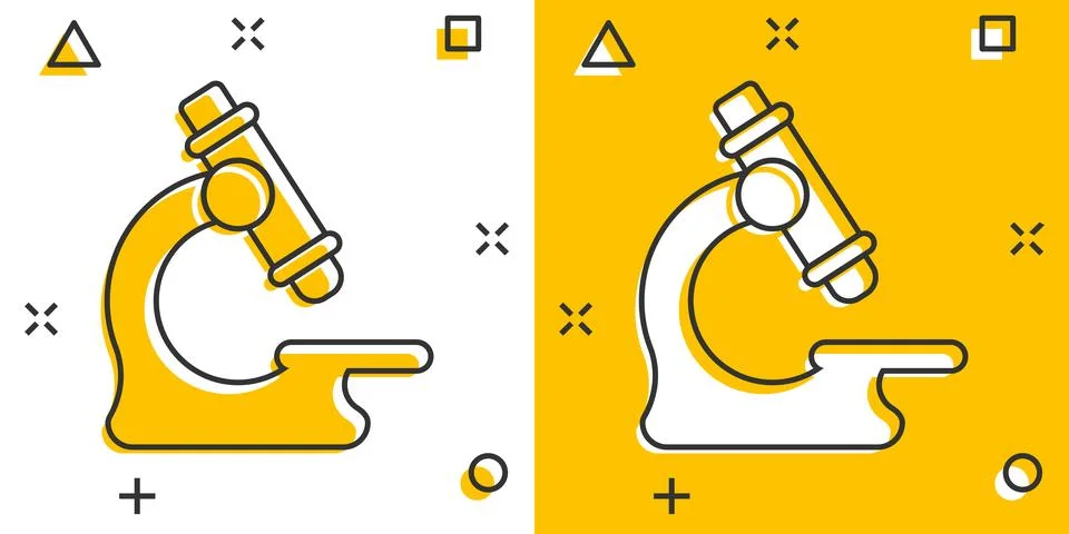 Microscope icon in comic style. Laboratory magnifier cartoon vector illustr.. Illustrazione stock