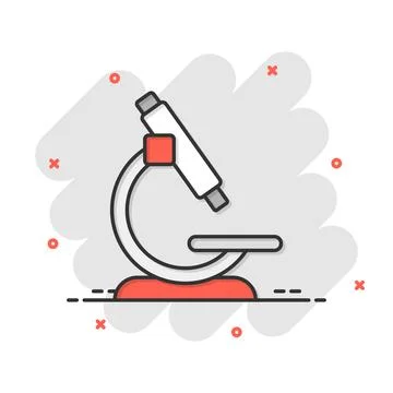 Microscope icon in comic style. Laboratory magnifier cartoon vector illustr.. Illustrazione stock