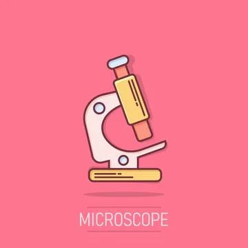 Microscope icon in comic style. Laboratory magnifier cartoon vector illustr.. Illustrazione stock