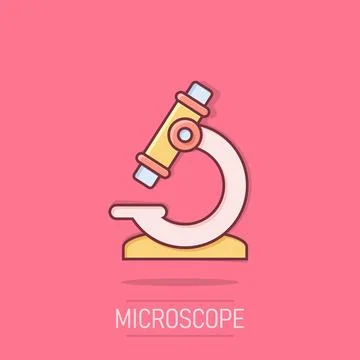 Microscope icon in comic style. Laboratory magnifier cartoon vector illustr.. Illustrazione stock