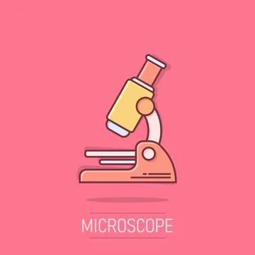 Microscope icon in comic style. Laboratory magnifier cartoon vector illustr.. Illustrazione stock