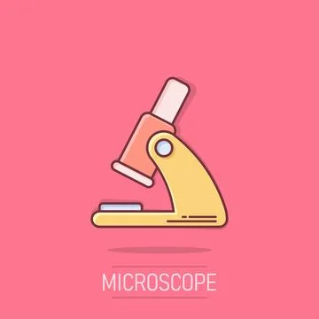 Microscope icon in comic style. Laboratory magnifier cartoon vector illustr.. Illustrazione stock