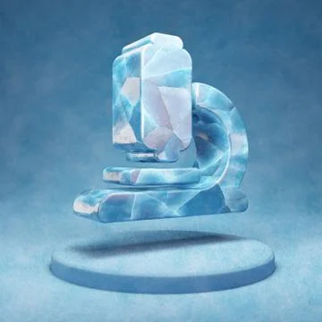 Microscope icon. Cracked blue Ice Microscope symbol on blue snow podium. Stock Illustration