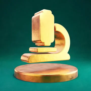 Microscope icon. Fortuna Gold Microscope symbol on golden podium. Иллюстрация