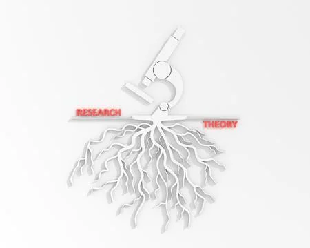 Microscope icon with roots. Research and theory. 3D render Stock Illustration
