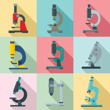Microscope icon set, flat style 스톡 일러스트