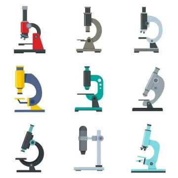 Microscope icon set, flat style Stock Illustration