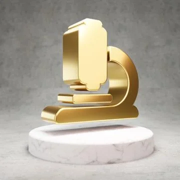 Microscope icon. Shiny golden Microscope symbol on white marble podium. Ilustração Stock
