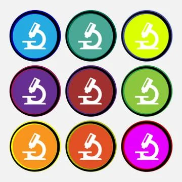 Microscope icon sign. Nine multi-colored round buttons. Stock Illustration