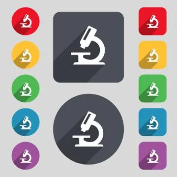 Microscope icon sign. A set of 12 colored buttons and a long shadow. Flat design Stock Illustration
