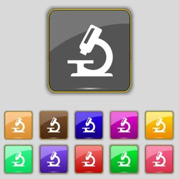 Microscope icon sign. Set with eleven colored buttons for your site. Vector Illustrazione stock