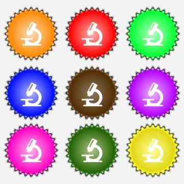 Microscope icon sign. A set of nine different colored labels. Illustrazione stock