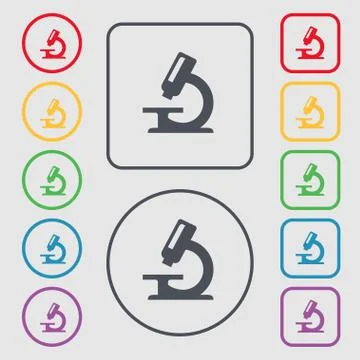 Microscope icon sign. symbol on the Round and square buttons with frame. Vect Stock Illustration