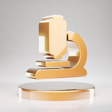 Microscope icon. Yellow Gold Microscope symbol on golden podium. Stock Illustration