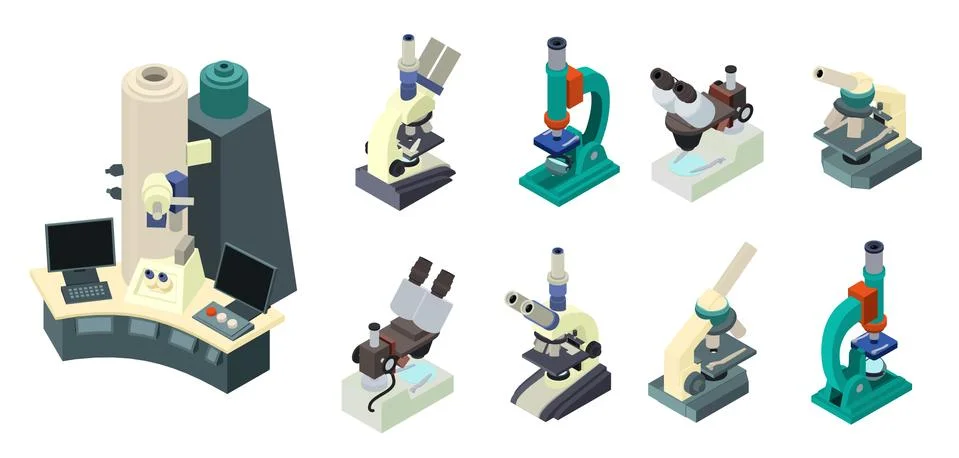Microscope icons set, isometric style Stock Illustration