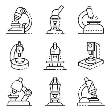 Microscope icons set, outline style Illustrazione stock