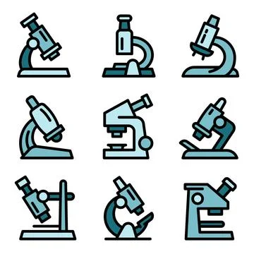 Microscope icons set, outline style Illustrazione stock