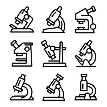 Microscope icons set, outline style Illustrazione stock