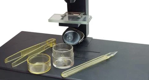 Microscope, jars and accessories. stage, slides pair, round mirror reflecto.. Stock Photos