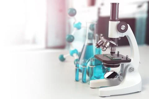 Microscope with lab glassware, flasks and colbas.Science laboratory research  스톡 일러스트