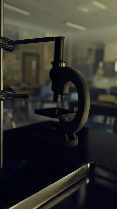 Microscope on lab table in empty classroom during school hours Stock Footage 332232943