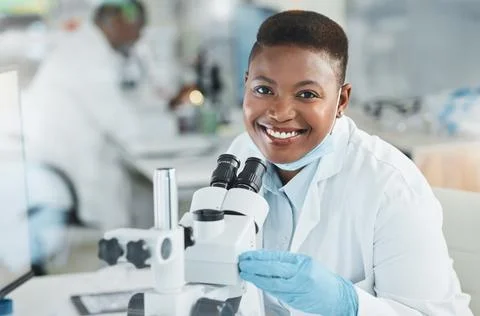 Microscope, laboratory and portrait of black woman for medical analysis, re.. Stock Photos