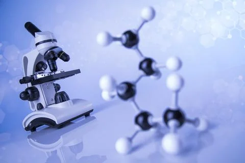 Microscope, Laboratory beakers,Science experiment, Atom Stock Photos